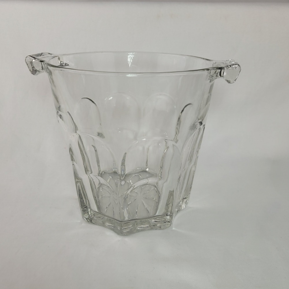 Vintage Clear Pressed Glass Ice Bucket Paneled Floral Starburst Base Barware